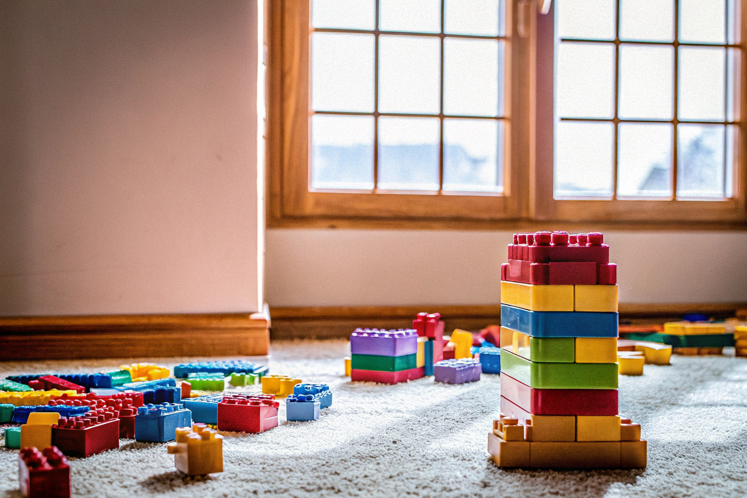 Bild eines Kindes, das mit LEGO Duplo Steinen spielt, um seine Kreativität und Feinmotorik zu entwickeln. Kind spielt mit LEGO Duplo Steinen