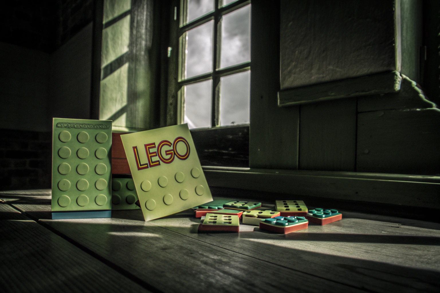 Bunte Einladungskarten im LEGO-Design auf einem Holztisch. LEGO-Einladungskarten
