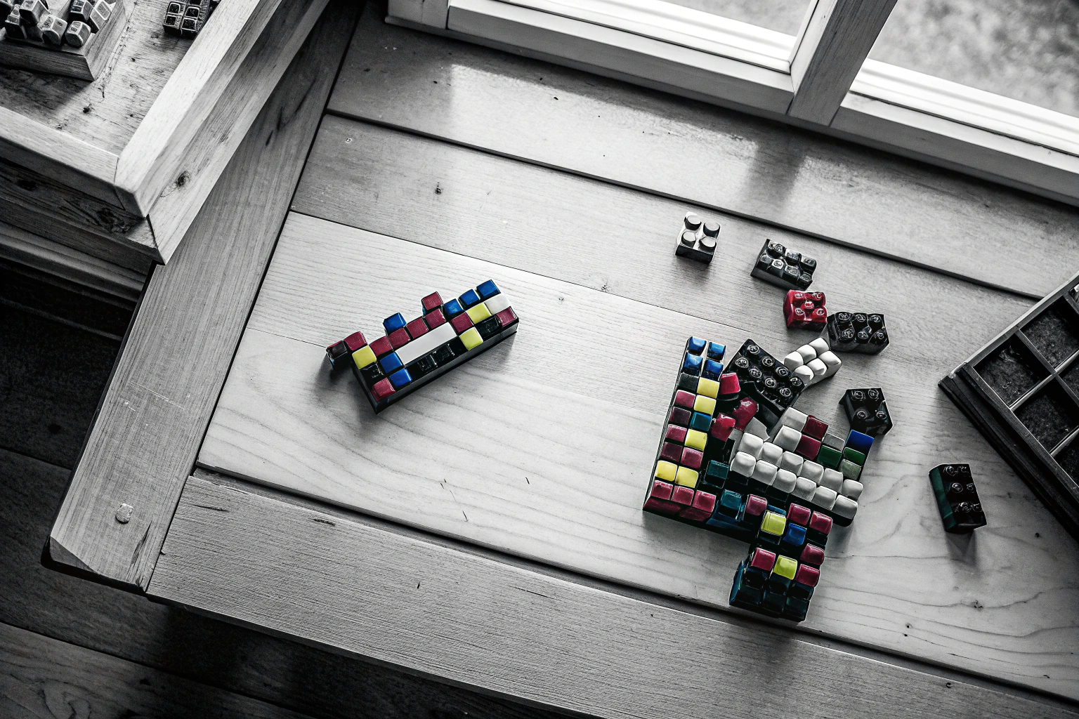 Bunte LEGO Classic Bausteine auf einem Tisch arrangiert. LEGO Classic Bausteine