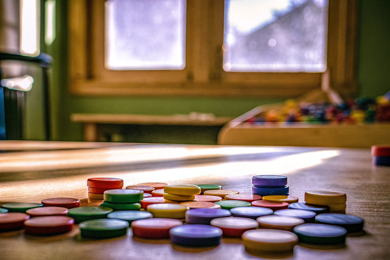 Bunte Zählchips in verschiedenen Farben, ideal für Lern- und Gruppenspiele. Bunte Zählchips