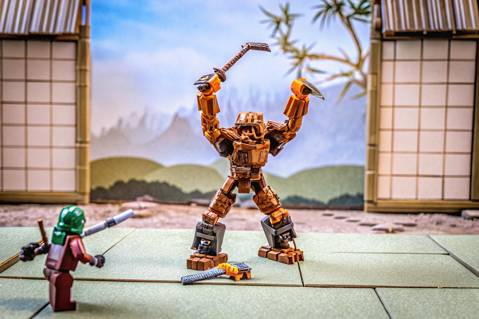 Coles Erdmech in einer Actionpose mit den Minifiguren Cole und Wolfsjäger. Coles Erdmech Actionpose