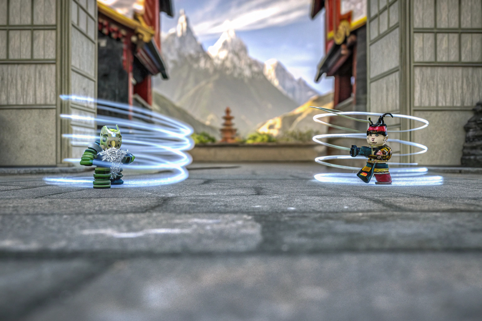Das Drachen-Spinjitzu Battle Pack in Aktion, mit den Spinnern von Arin und Ras, die sich auf ein packendes Duell vorbereiten. Drachen-Spinjitzu Battle Pack Duell