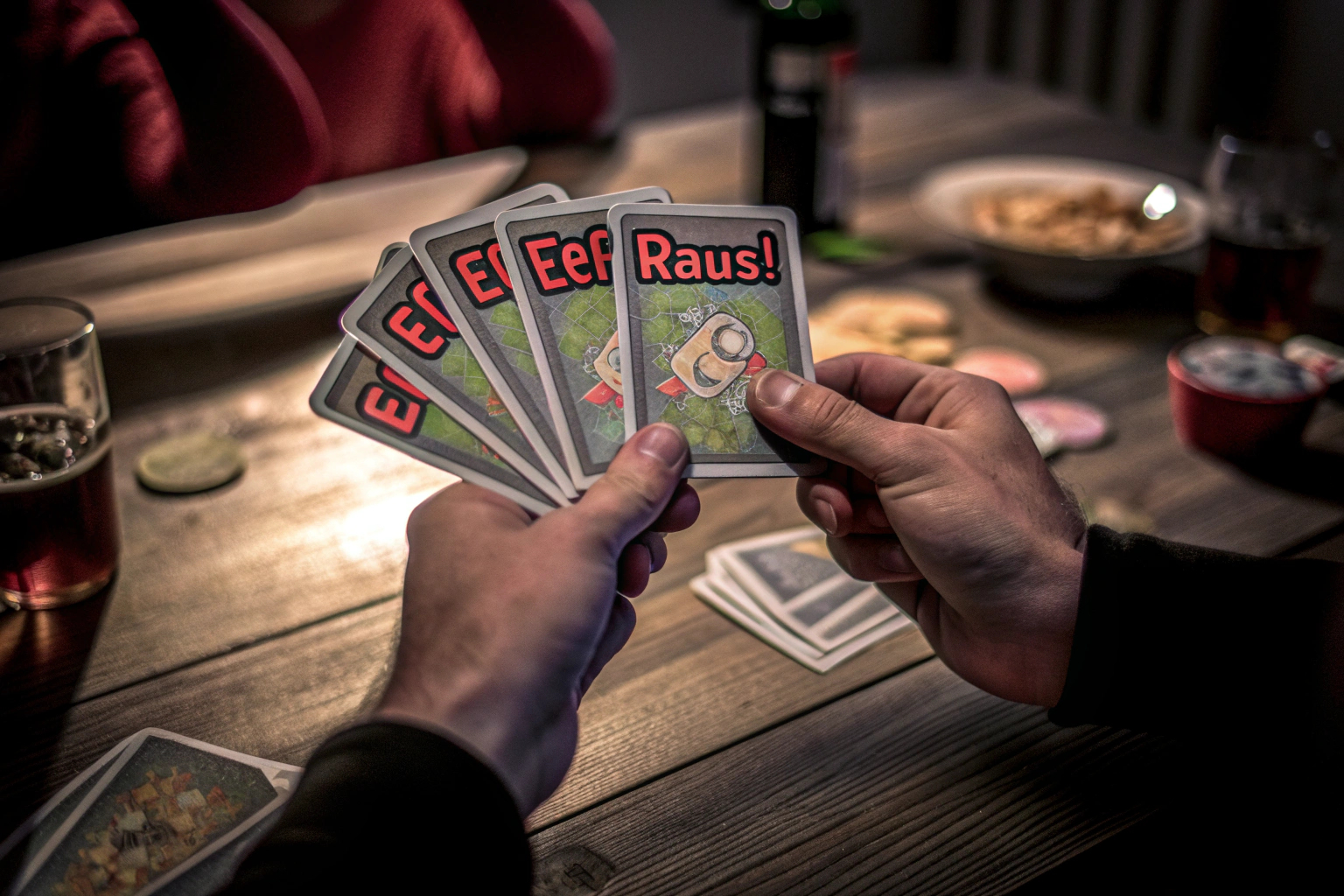 Das Kartenspiel 'Elfer raus!' wird bei einem Familienabend gespielt, alle sind konzentriert und voller Vorfreude auf den nächsten Zug. Familie spielt Elfer raus!
