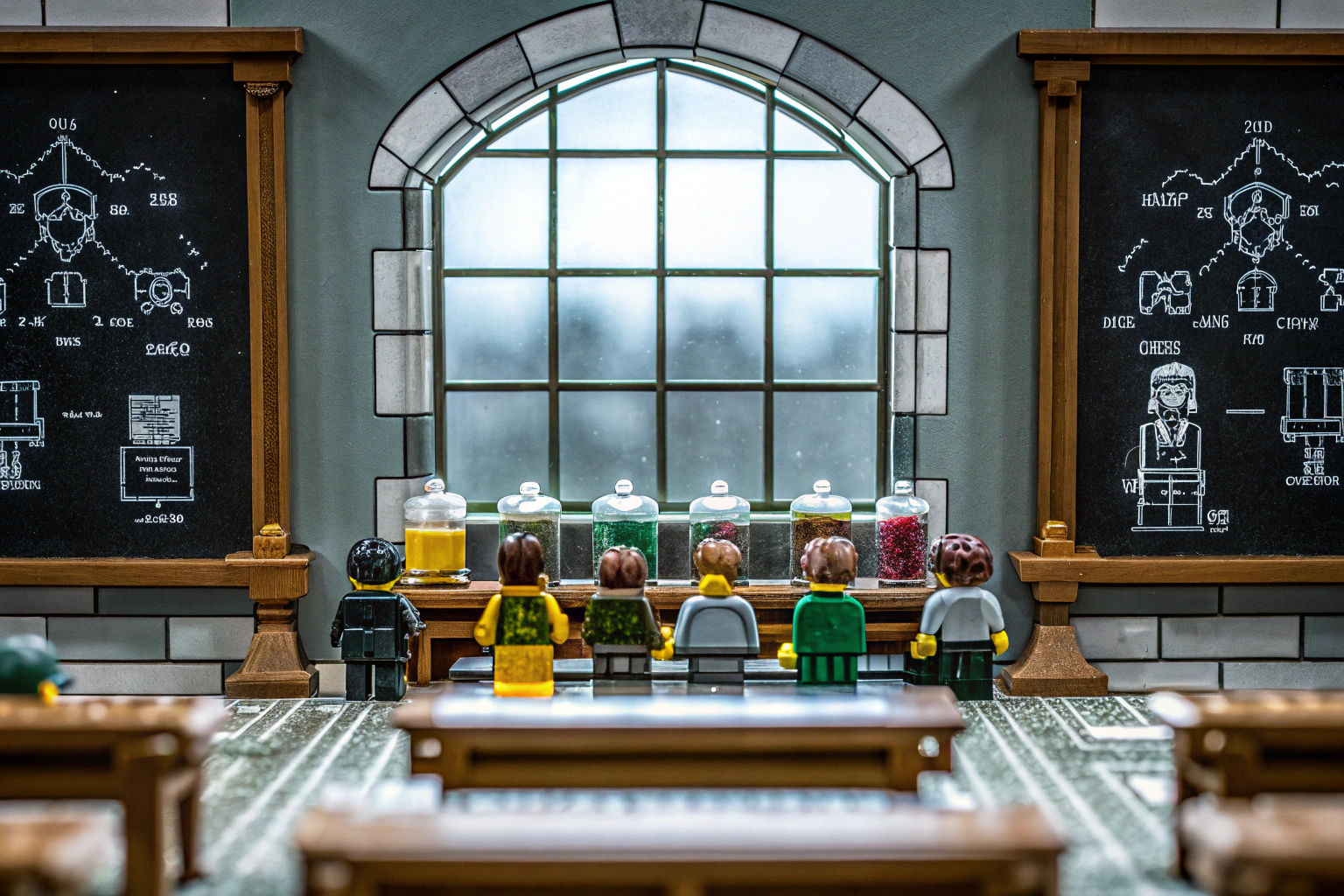 Das LEGO Klassenzimmer mit Zaubertrankzutaten und Minifiguren. LEGO Harry Potter Zaubertrankunterricht