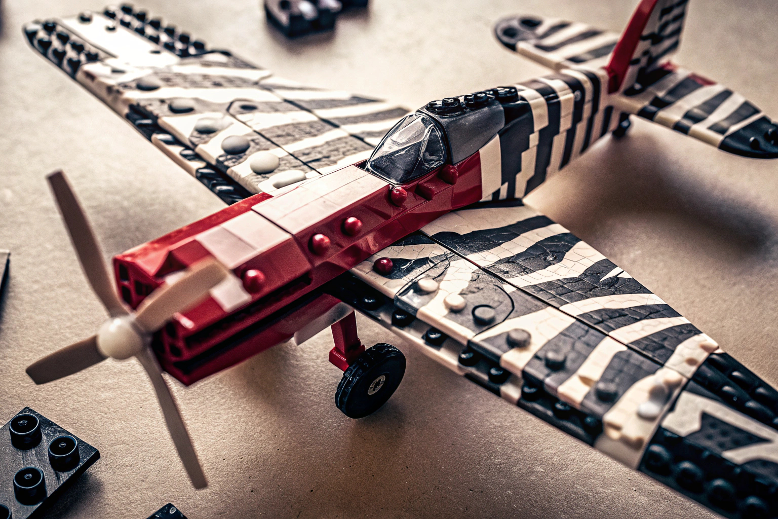 Das LEGO Technic Propellerflugzeug mit Zebramuster. LEGO Technic Propellerflugzeug