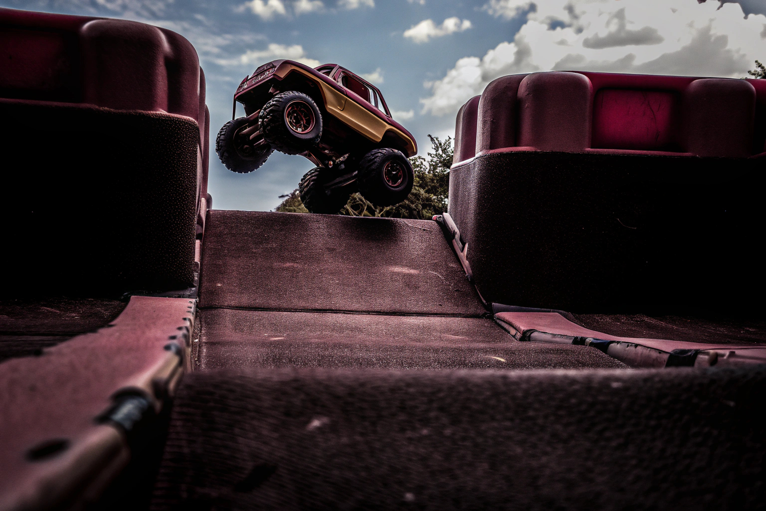 Das Stunt-Spielzeugauto zeigt seine 360° Drehfähigkeiten auf einer Rampe. 360° drehbares Stuntauto in Aktion
