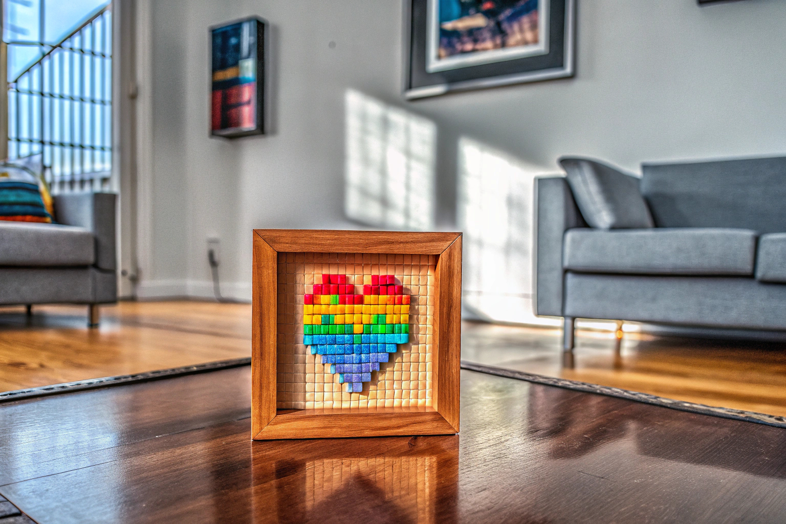 Der LEGO Art Love Bauset, ausgestellt in einem modernen Wohnzimmer. LEGO Art Love Bauset im Wohnzimmer