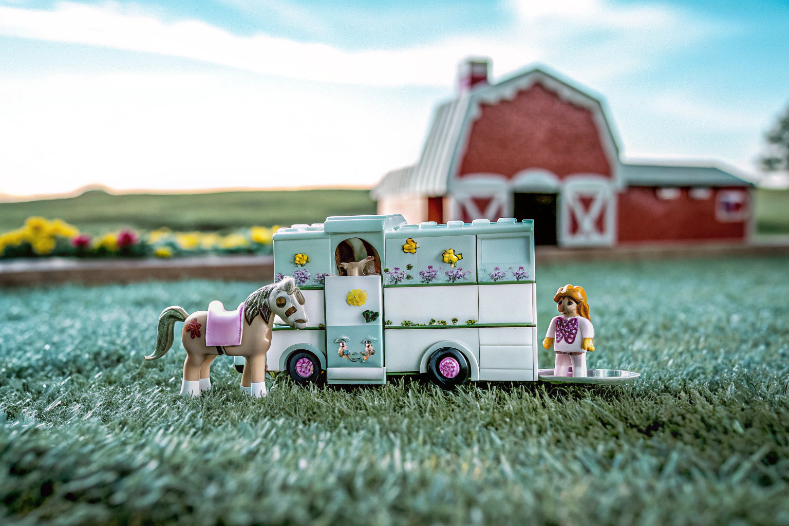 Der LEGO Friends Pferde- und Pony-Anhänger in einer Spielsituation auf einem Bauernhof. LEGO Friends Pferde- und Pony-Anhänger im Spiel