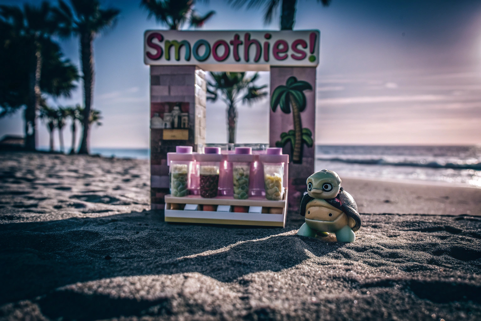 Der LEGO Friends Smoothie-Stand am Strand mit Spielfiguren und Schildkröte. LEGO Friends Smoothie-Stand