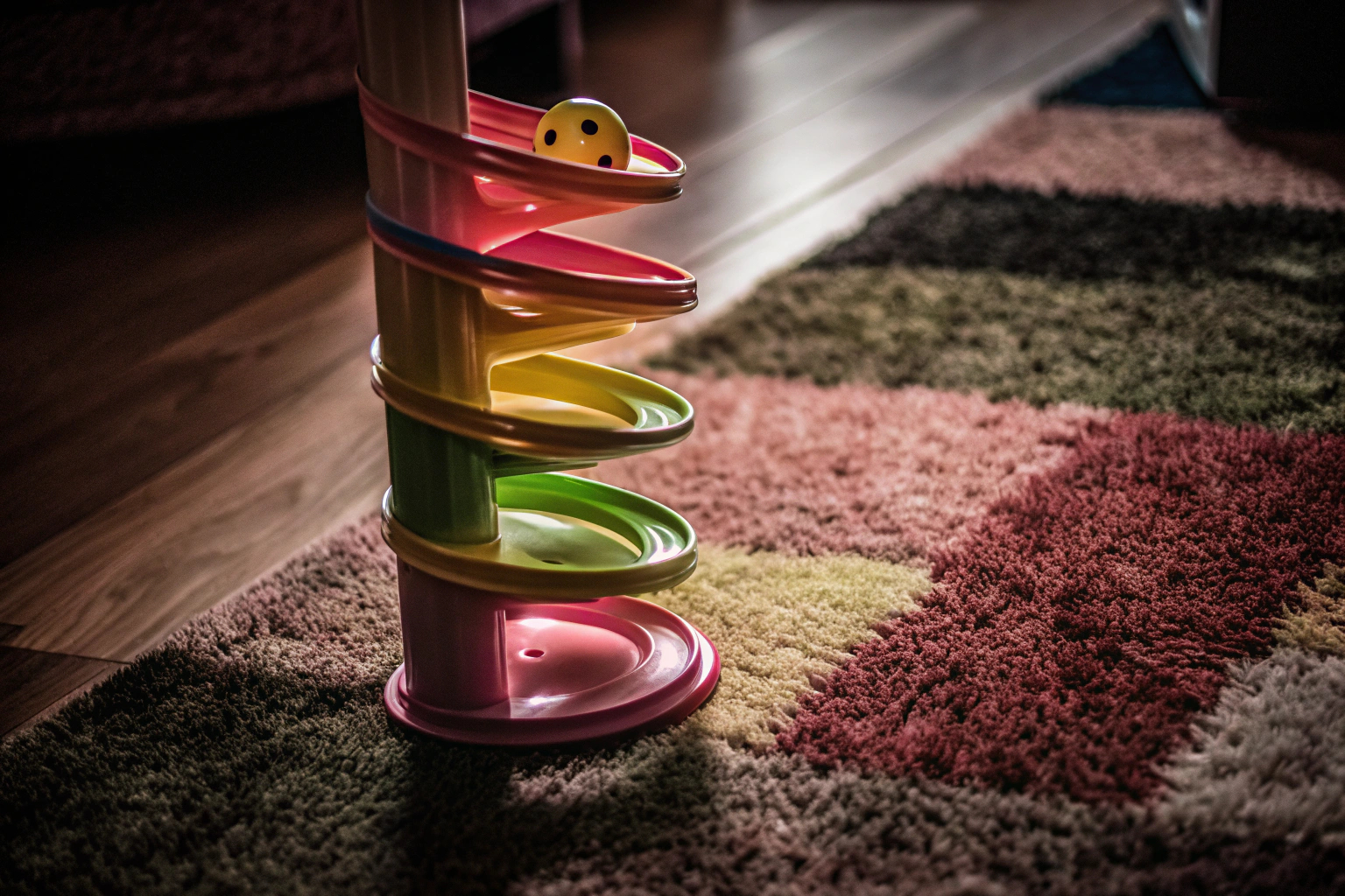 Der Simba ABC Regenbogen Kugelturm in Aktion, ein Ball rollt die Ebenen hinunter. Simba ABC Regenbogen Kugelturm