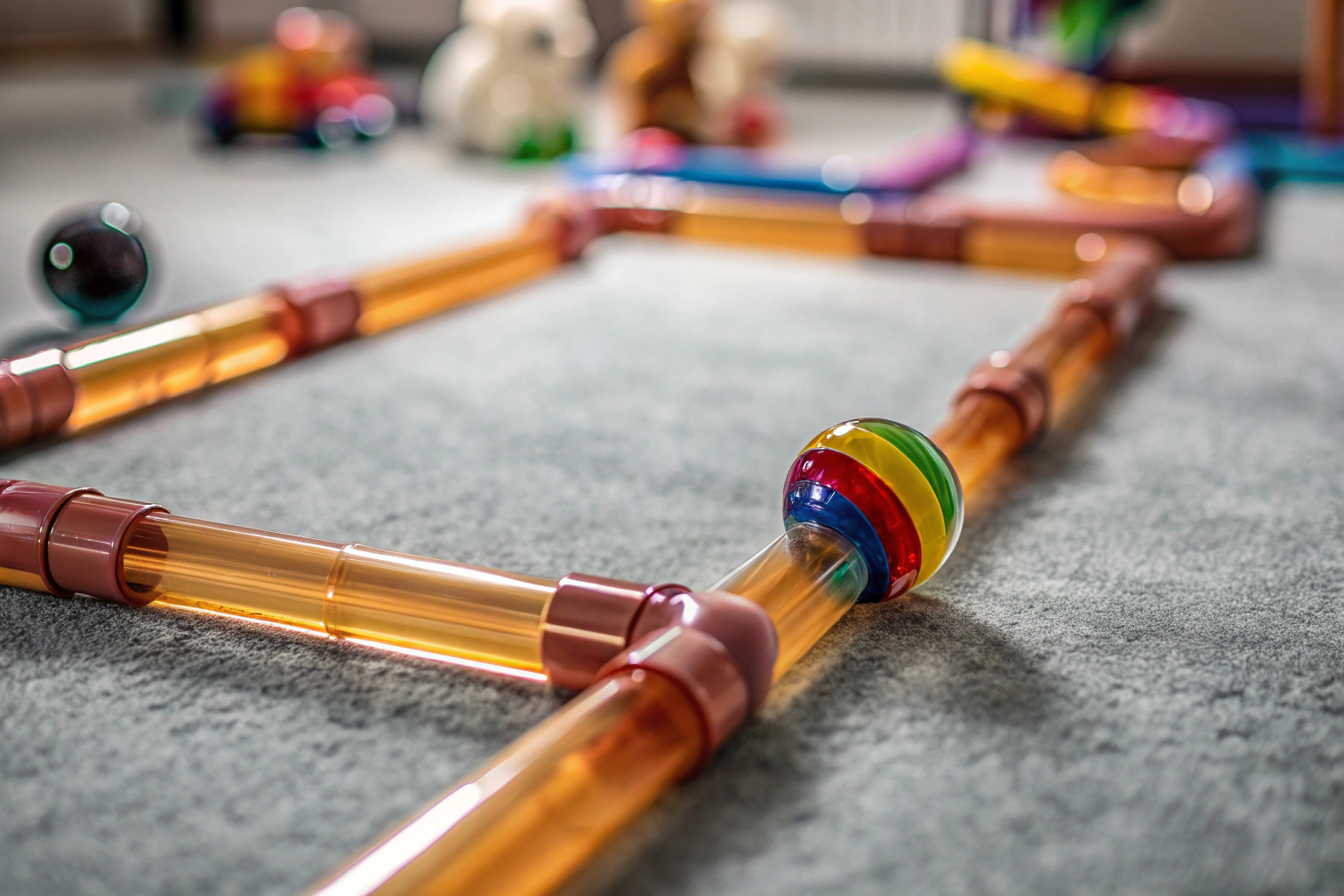 Detailaufnahme des JISADER Pipe Challenge Spiels in Aktion, bei dem Kinder den Ball durch das Röhrensystem führen. Kinder spielen JISADER Pipe Challenge