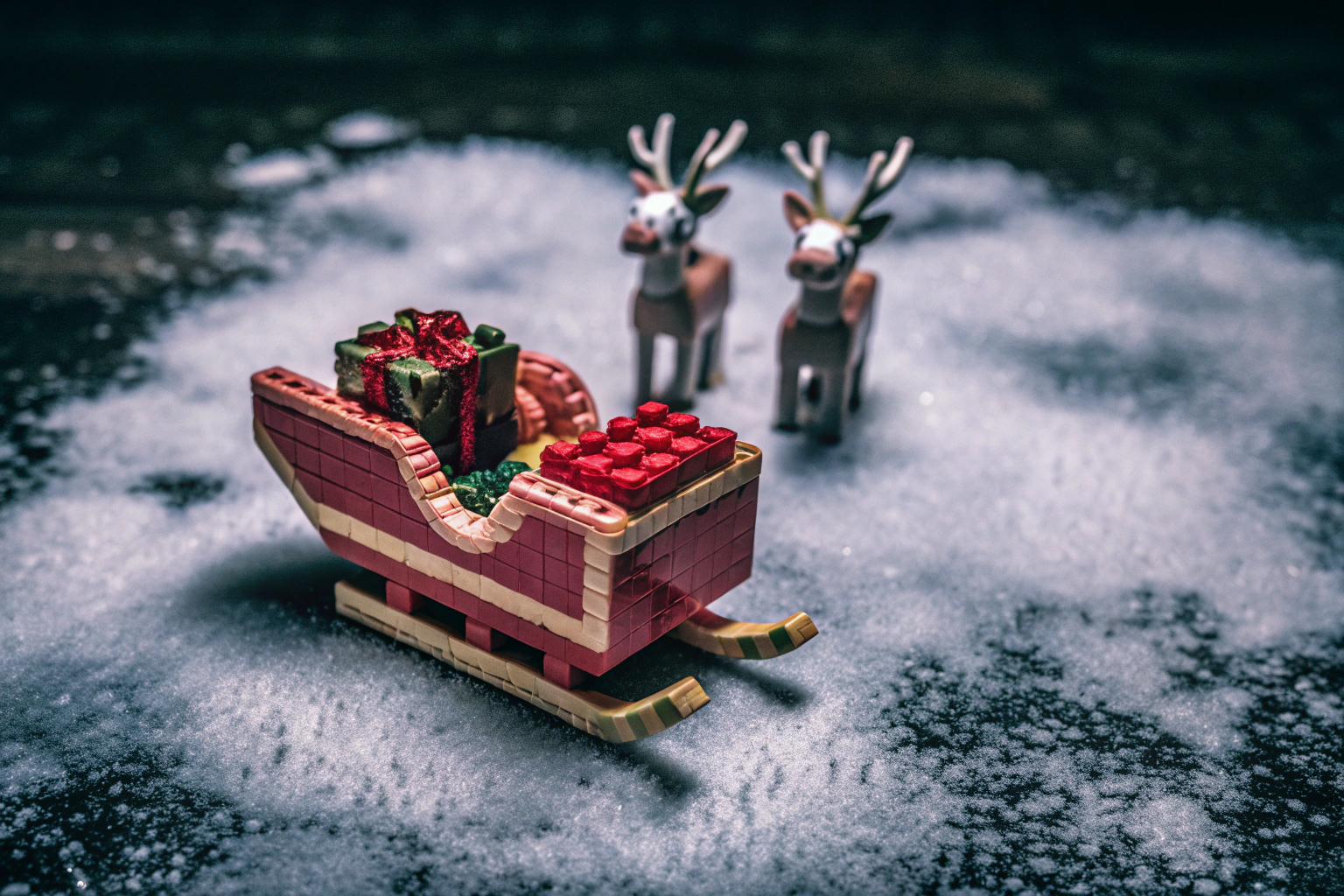Detailaufnahme des LEGO Schlittens des Weihnachtsmanns mit seinen Rentieren und Geschenken. LEGO Schlitten des Weihnachtsmanns mit Rentieren
