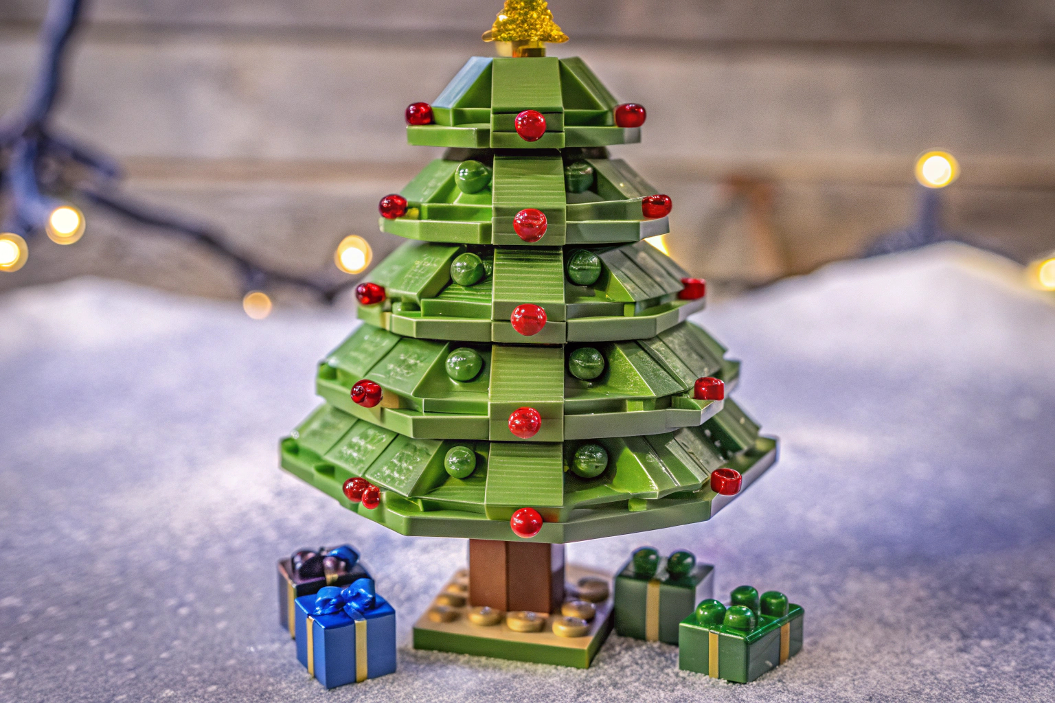 Detailaufnahme des LEGO Weihnachtsbaum Sets, dekoriert mit Christbaumschmuck. LEGO Weihnachtsbaum Set