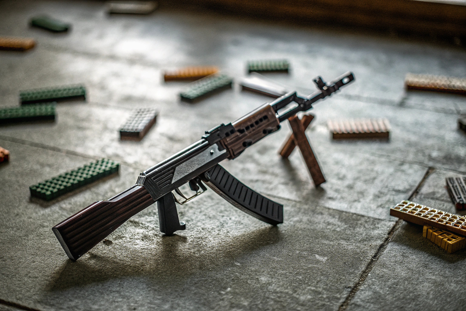 Detailaufnahme des Reobrix Technik AK-47 Baukasten Sets, das die Bausteine und das fertige Modell zeigt. Reobrix Technik AK-47 Baukasten