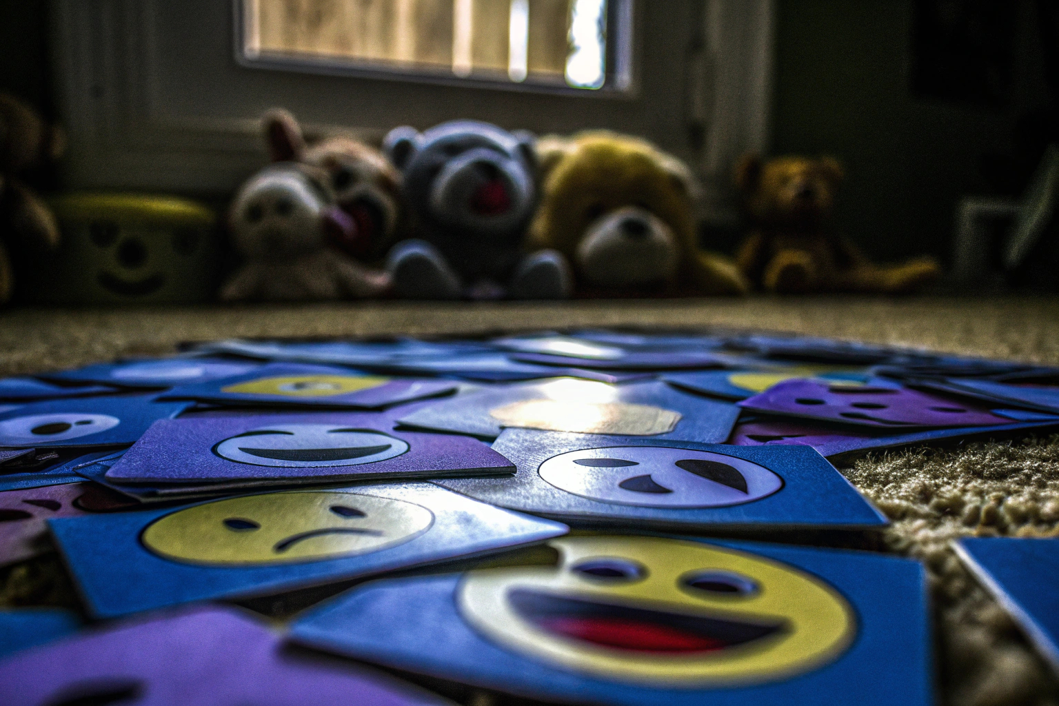 Detailaufnahme einer Gruppe von Kindern, die mit Gefühlskarten spielen und dabei lachen. Kinder spielen mit Gefühlskarten