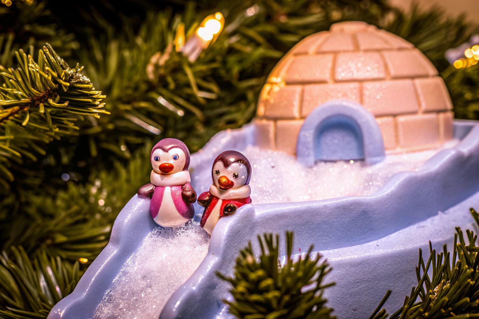 Detailaufnahme einer Polly Pocket Winterliche Pinguin Schatulle, die Puppen beim Spielen im Schnee zeigt. Polly Pocket Winterspielset