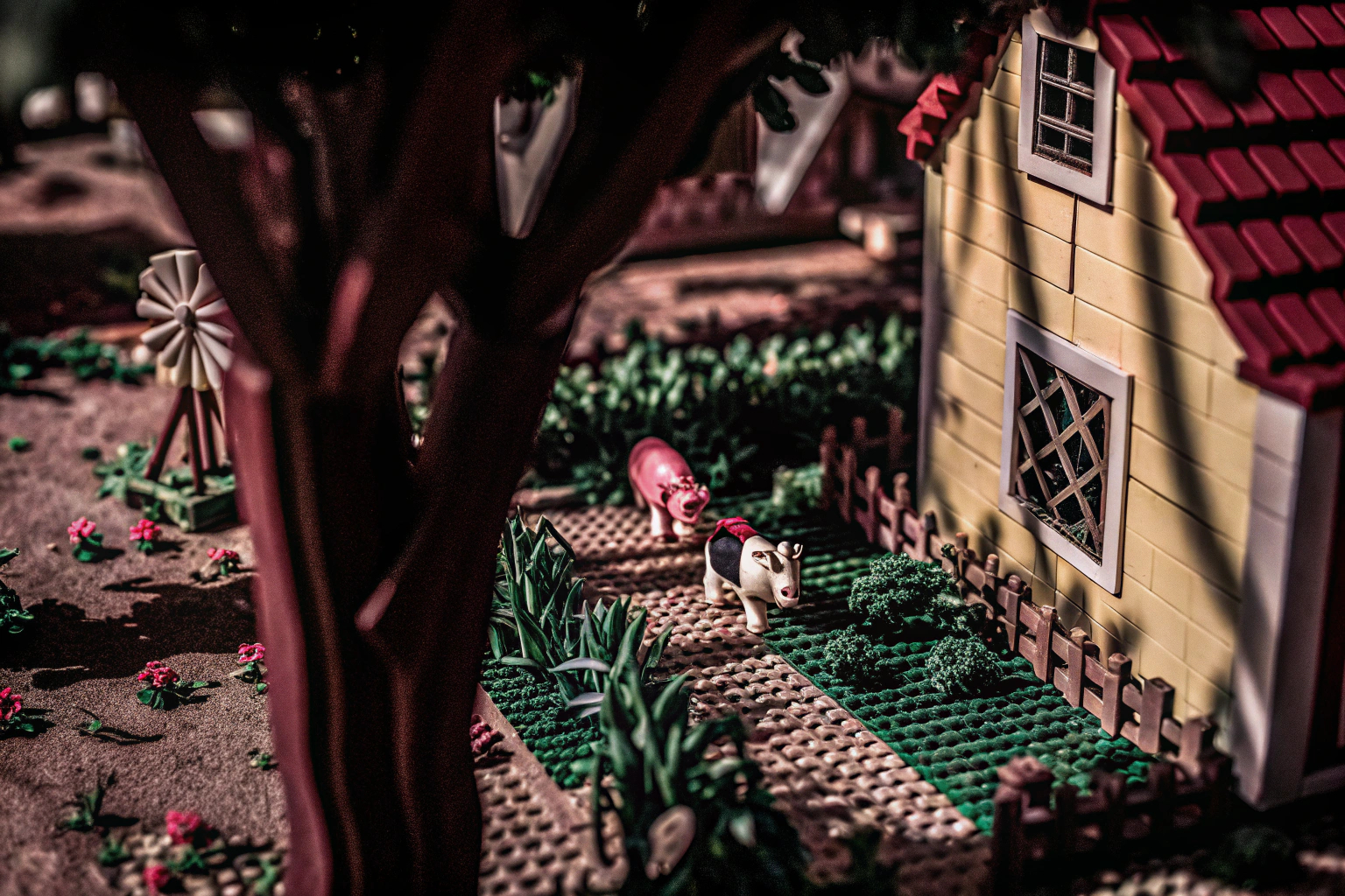 Detailaufnahme eines Lego-Bauernhofs mit Tieren und Pflanzen, um die Vielfalt der kreativen Möglichkeiten mit LEGO zu zeigen. Lego-Bauernhof mit Tieren und Pflanzen