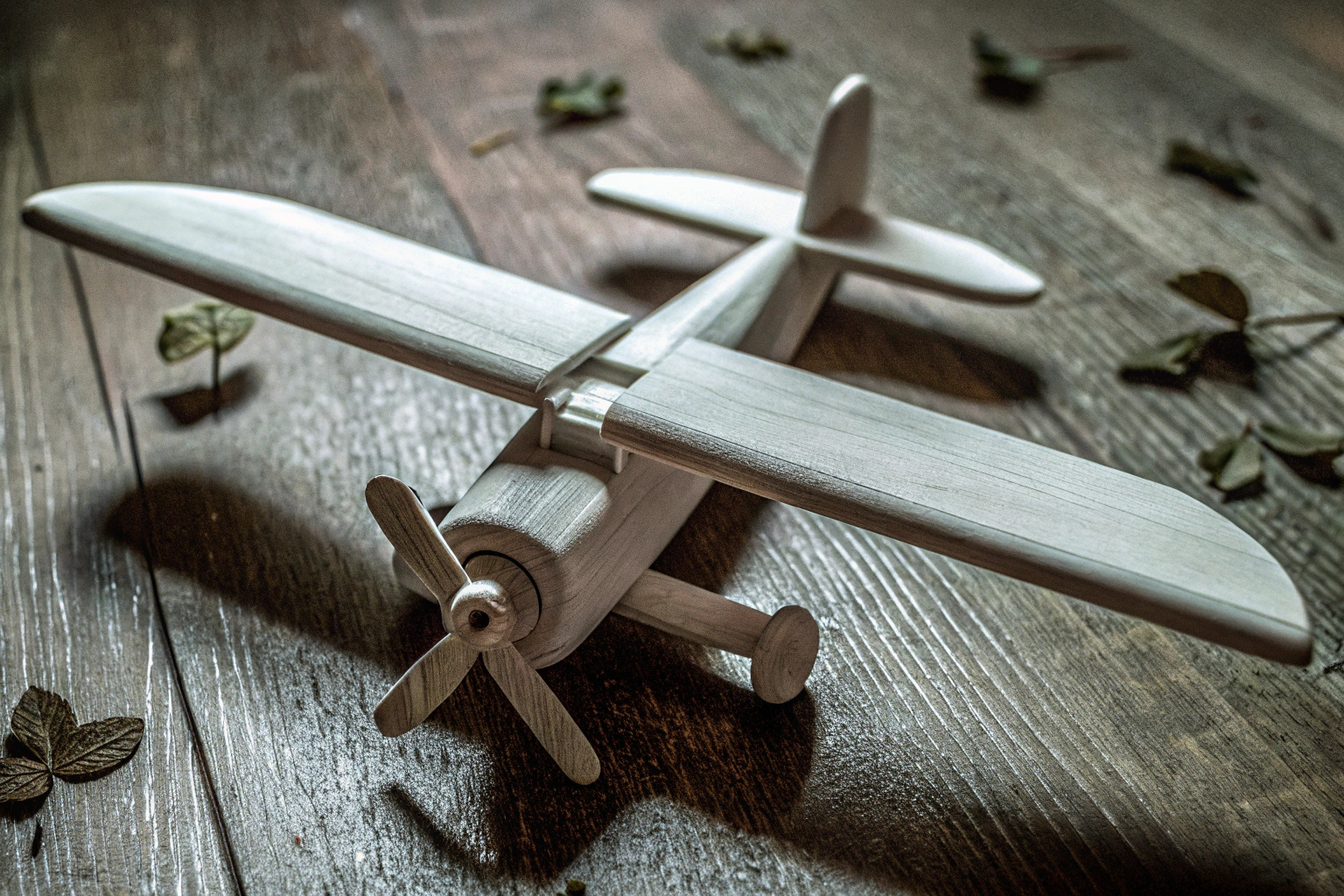 Detailaufnahme eines nachhaltigen Holzspielzeugs in Form eines Flugzeugs. Nachhaltiges Flugzeug Holzspielzeug