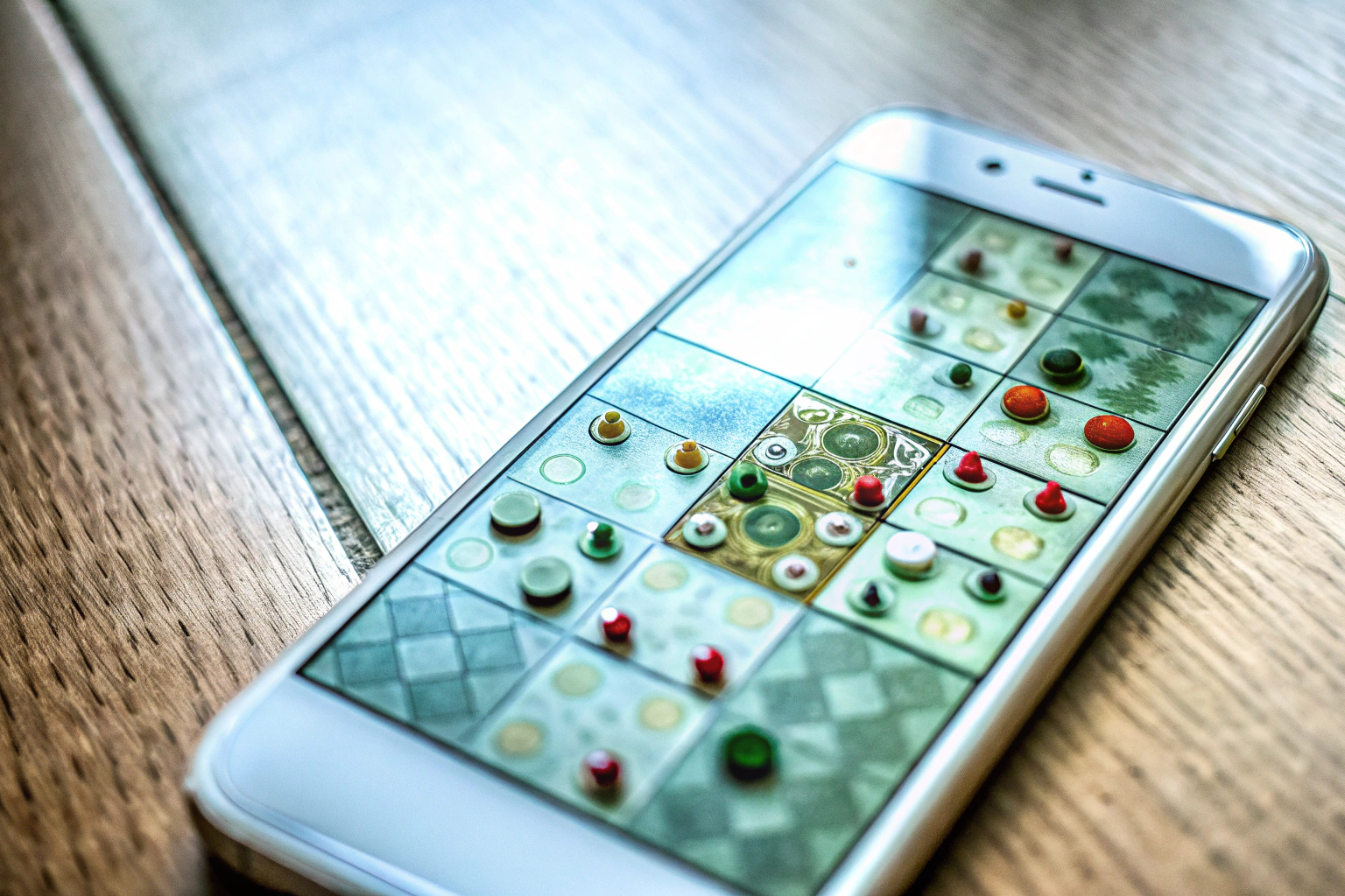 Detailaufnahme eines Smartphone-Spiels, das mit einem Brettspiel verbunden ist, zeigt digitale Unterstützung im Spiel. Smartphone-Spiel mit Brettspiel verbunden