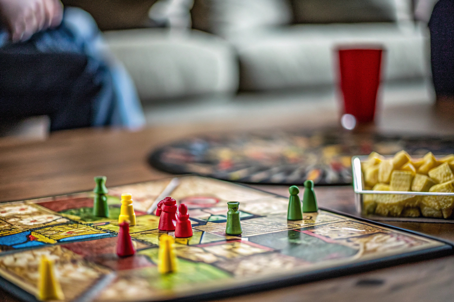Detailaufnahme eines Spielbretts mit bunten Spielsteinen und Figuren. Brettspiel mit bunten Steinen