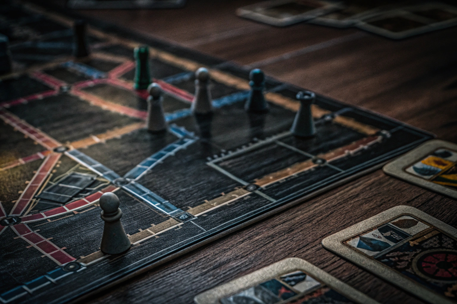 Detailaufnahme eines strategischen Brettspiels mit Spielfiguren und Karten auf einem Spielbrett. Detailaufnahme eines strategischen Brettspiels