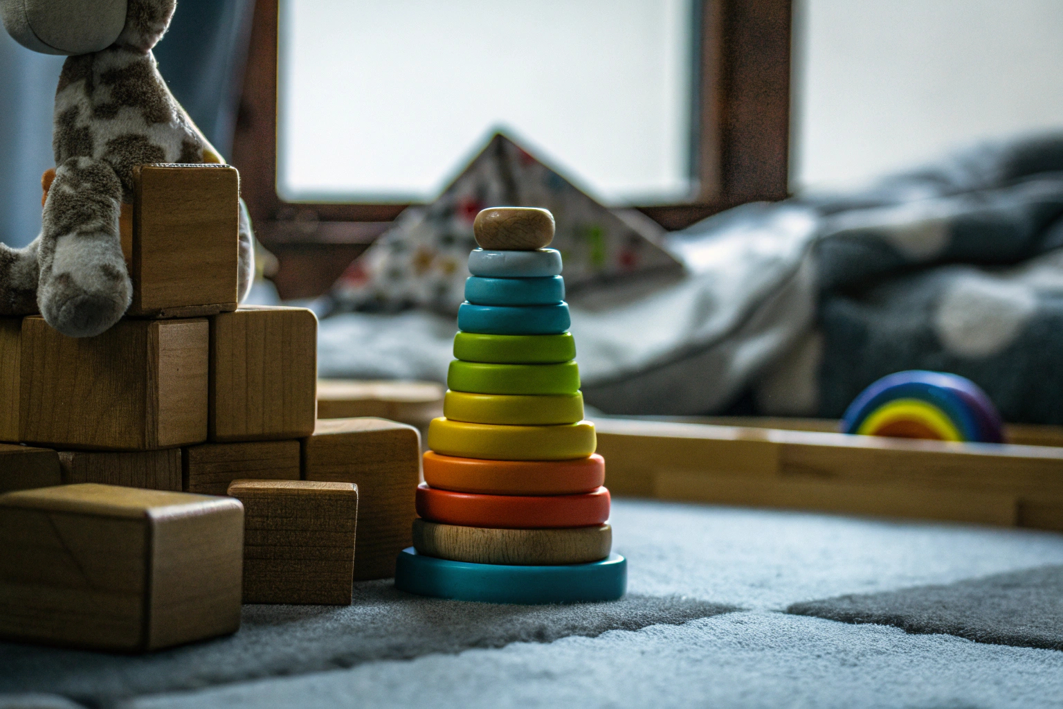 Detailaufnahme von altersgerechtem Spielzeug, das die Entwicklung fördert. Altersgerechtes Spielzeug