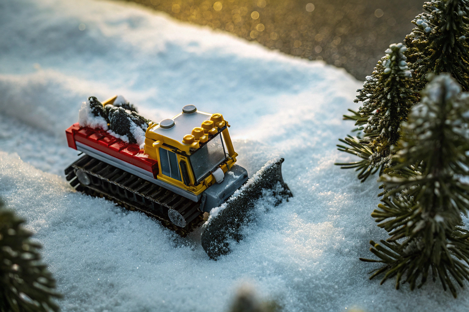 Die LEGO Technic Pistenraupe in voller Fahrt auf einer Schneelandschaft. LEGO Technic Pistenraupe im Schnee