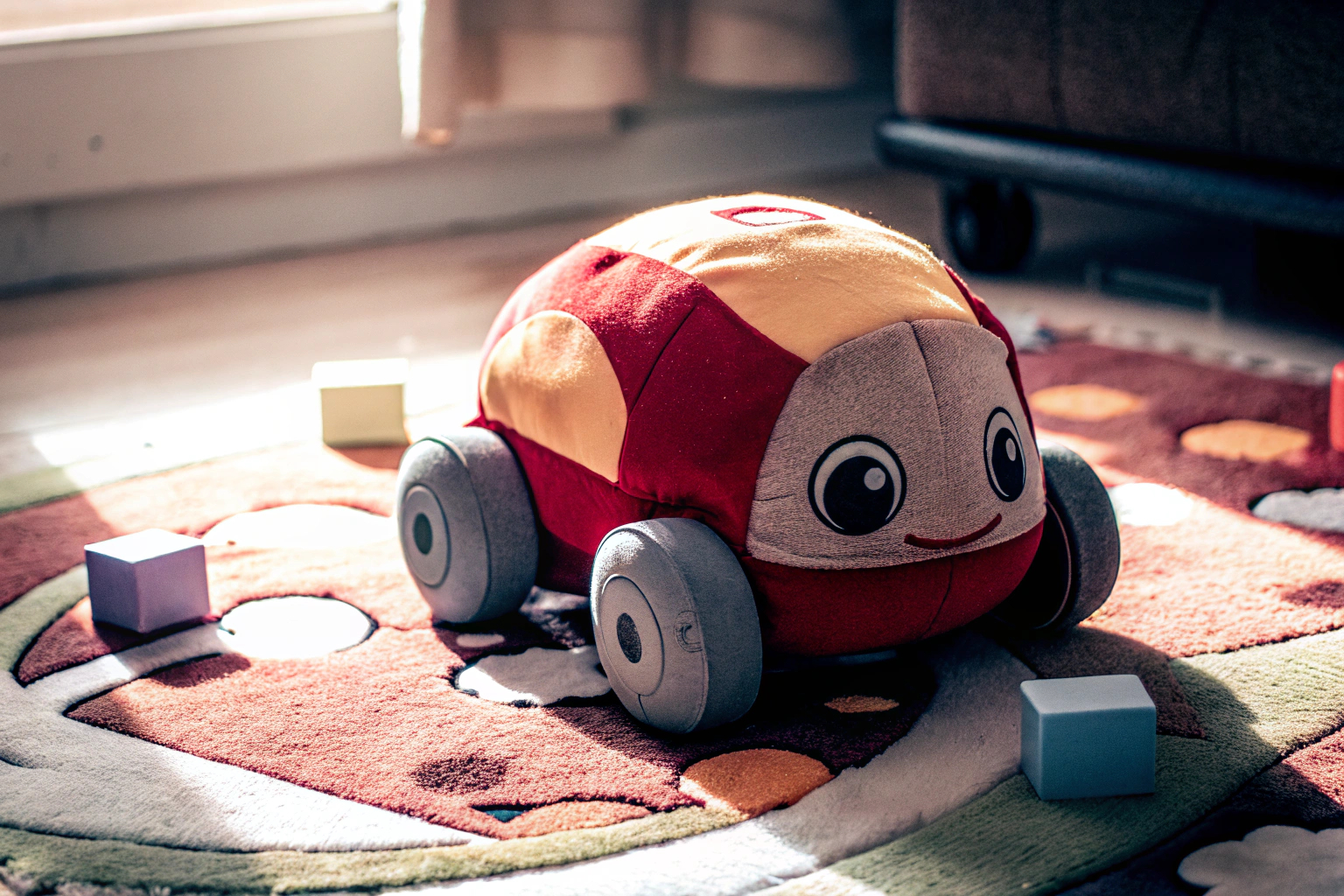 Ein Baby beim Spielen mit einem weichen Aufziehauto. Baby spielt mit Aufziehauto