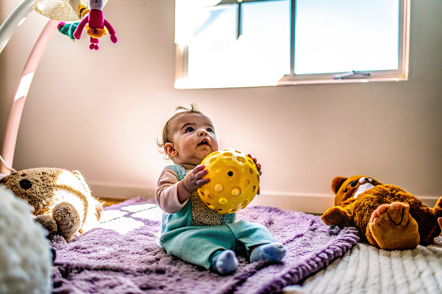 Ein Baby hält einen Greifball und spielt mit seinen Händen. Baby spielt mit Greifball