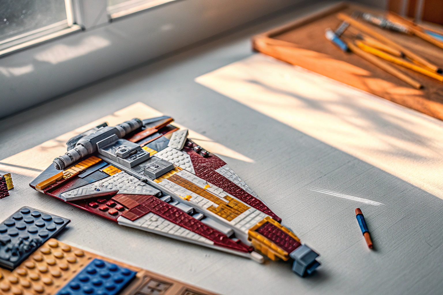 Ein beeindruckendes Mould King 21036 Jedi-Tempel Crest Raumschiff-Modell im Bau. Jedi-Tempel Crest im Bau