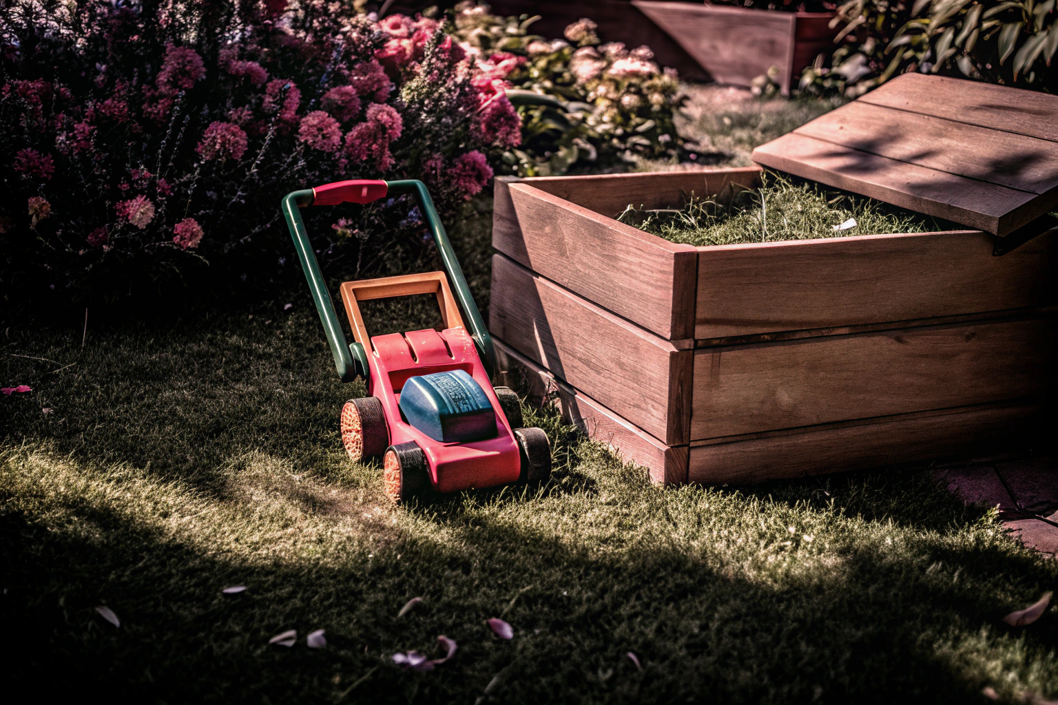 Ein Bild von einem Kind, das mit einem Spielzeugrasenmäher im Garten spielt. Kind spielt mit Spielzeugrasenmäher im Garten