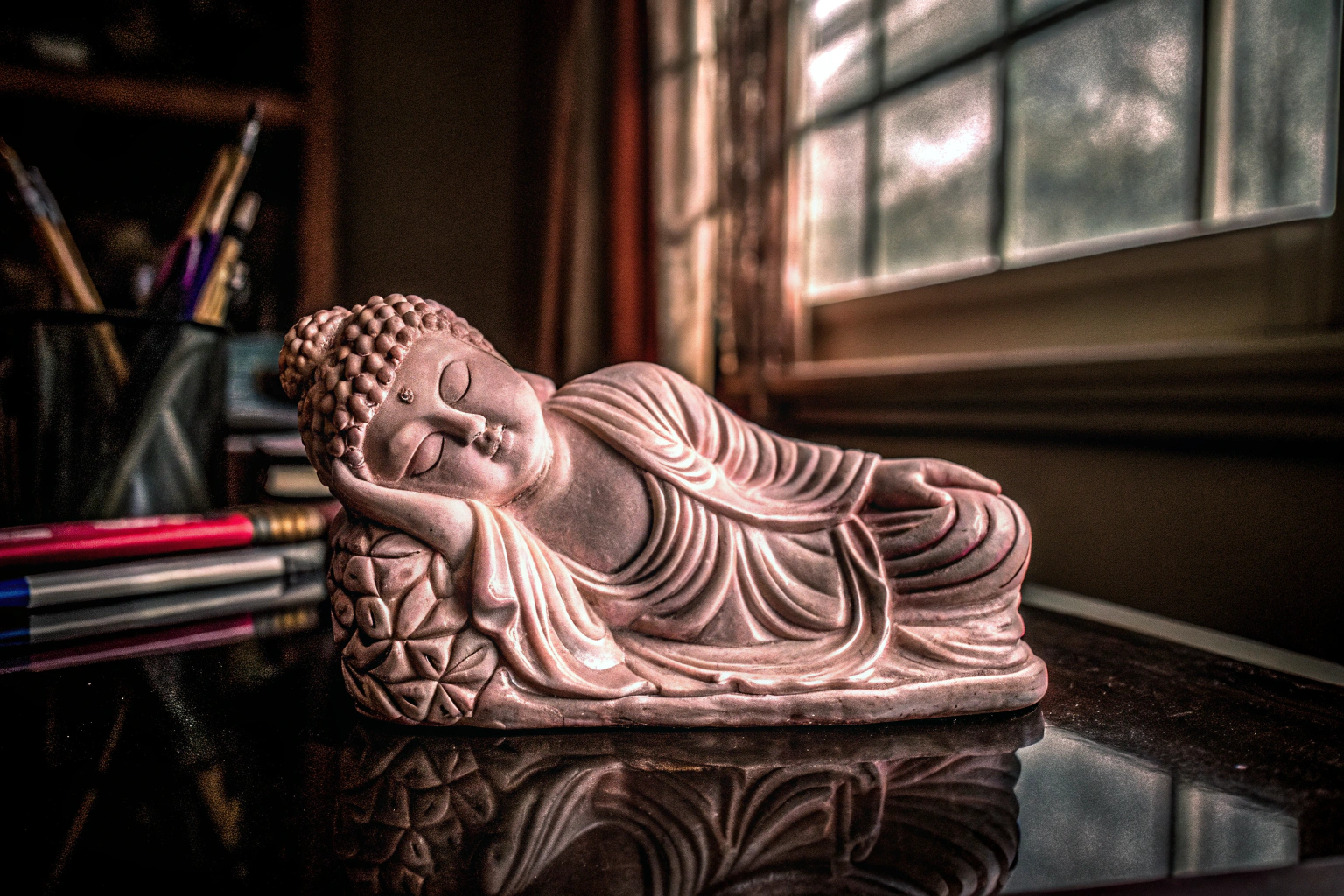 Ein dekoratives Spielzeug in Form einer Buddha-Statue, das auf einem Schreibtisch steht. Buddha-Statue als dekoratives Spielzeug