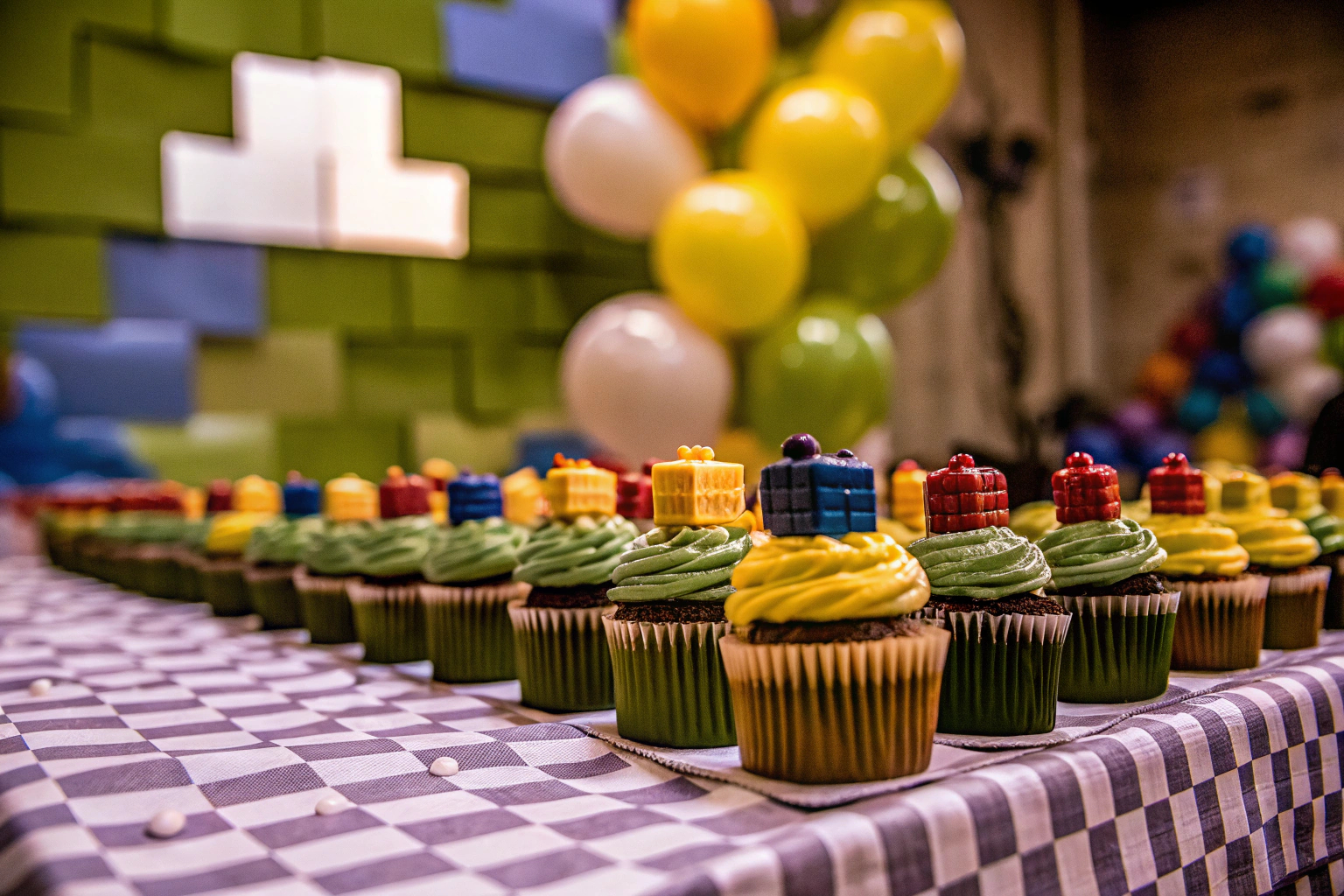 Ein dekorierter Tisch mit Lego-Themen-Cupcakes. Lego Cupcake Dekoration