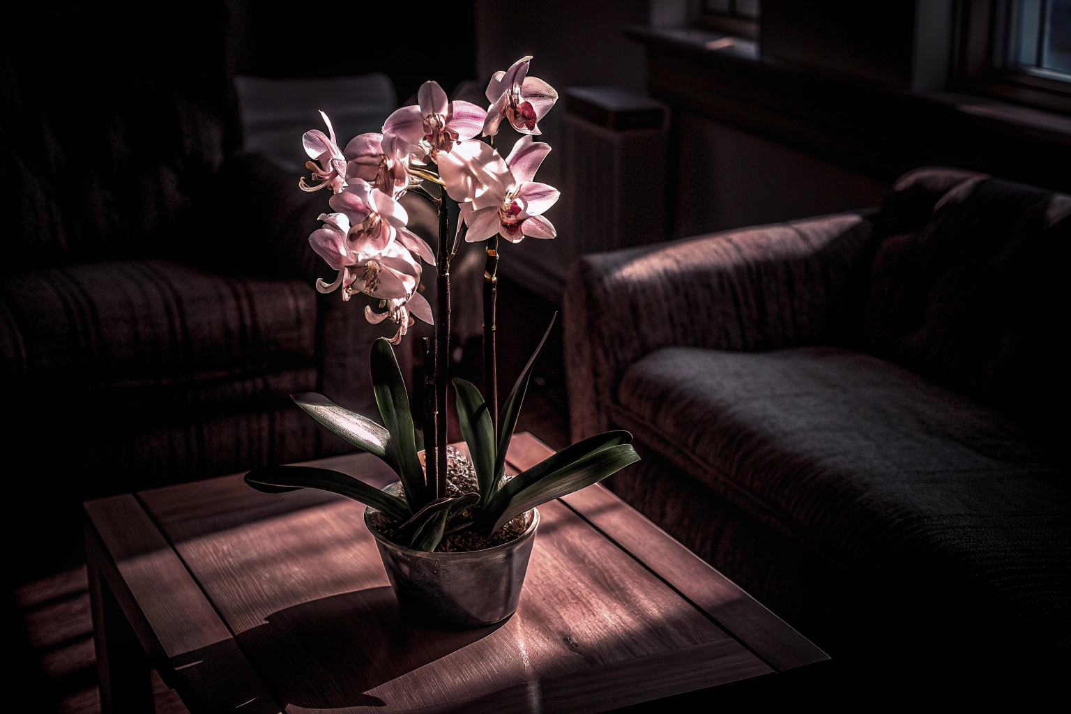 Ein detailreiches LEGO Botanicals Orchidee Set, das in einem Wohnzimmer ausgestellt ist. LEGO Botanicals Orchidee im Wohnzimmer