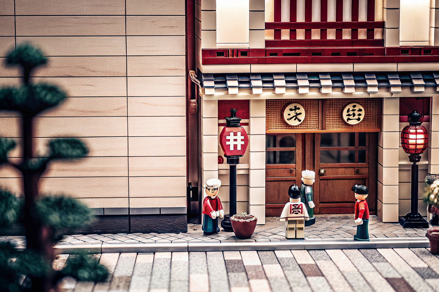 Ein detailreiches LEGO Modell eines japanischen Izakaya Shops mit vielen kleinen Details. Japanisch Straßenansicht Izakaya Shop LEGO Modell