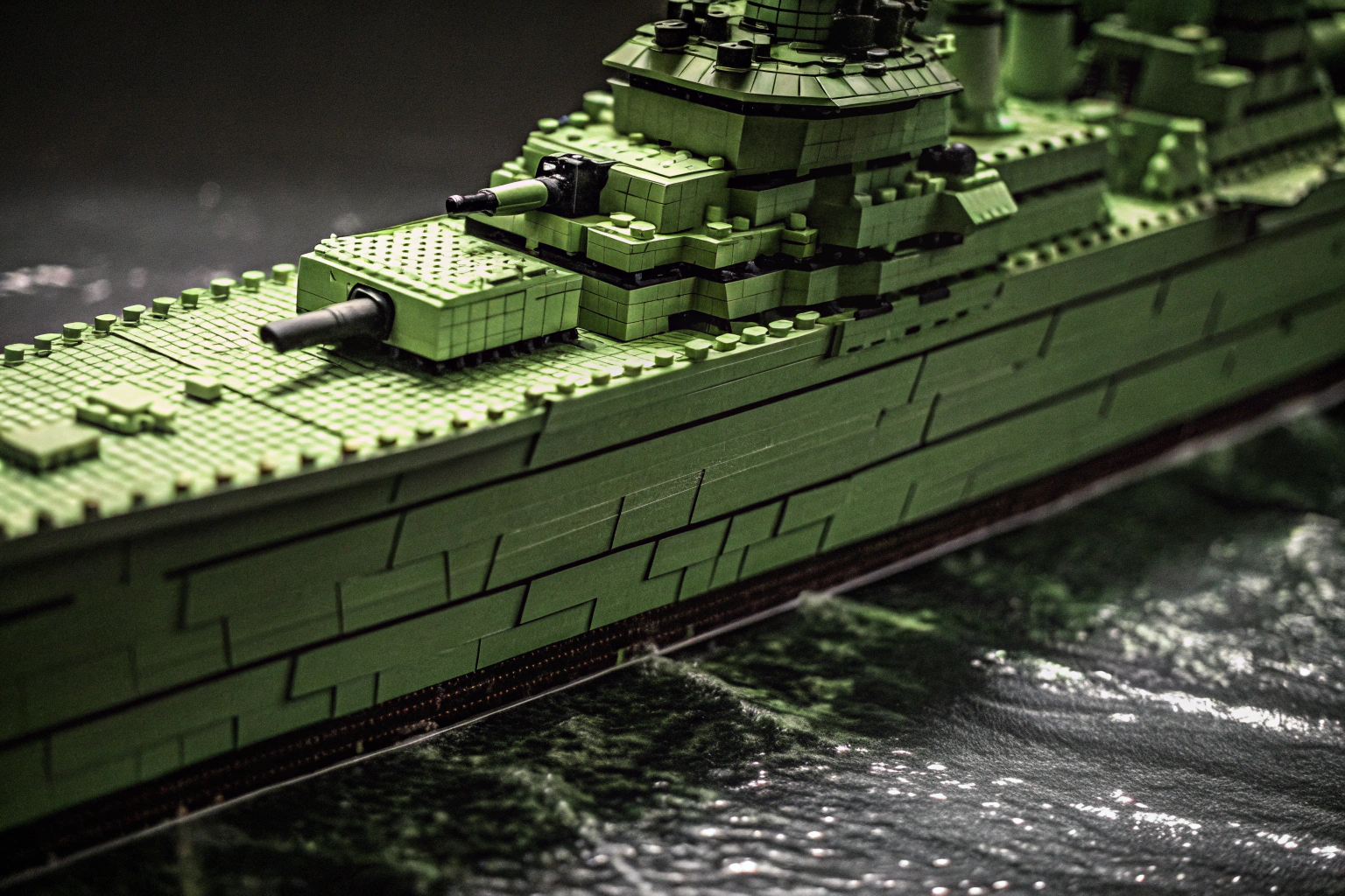 Ein detailreiches Modell des deutschen Schlachtschiffs Bismarck, das die Komplexität und Präzision der Bausteine zeigt. Deutsches Schlachtschiff Bismarck MOC
