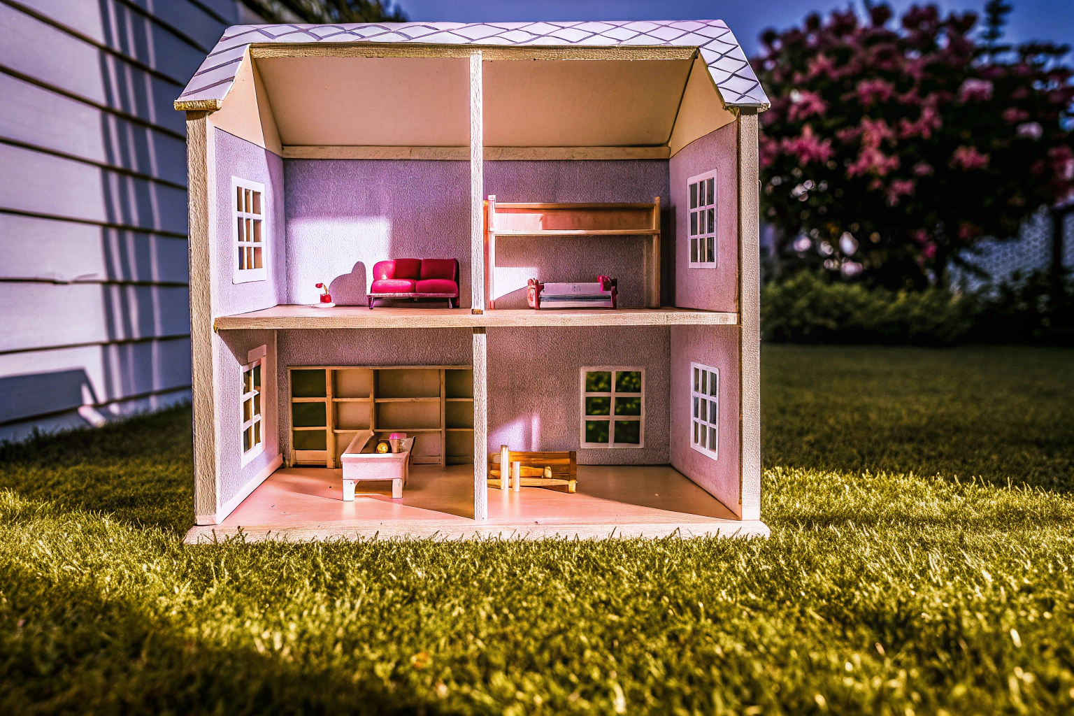 Ein detailreiches Puppenhaus mit mehreren Etagen und einer Vielzahl an Möbeln und Accessoires. Puppenhaus mit mehreren Etagen und Möbeln