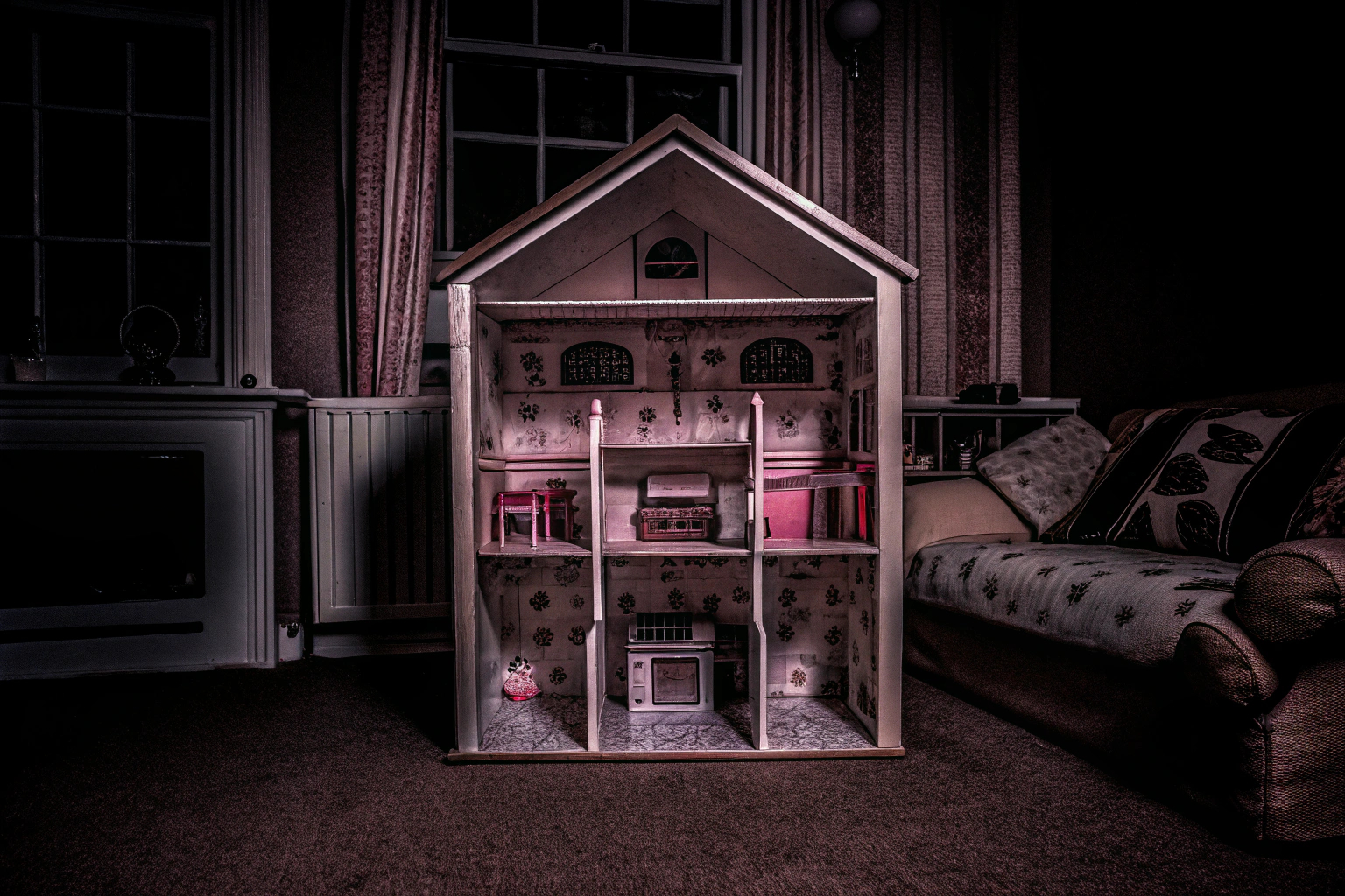 Ein detailreiches Puppenhaus mit vielen Möbeln und Accessoires. roba Puppenhaus