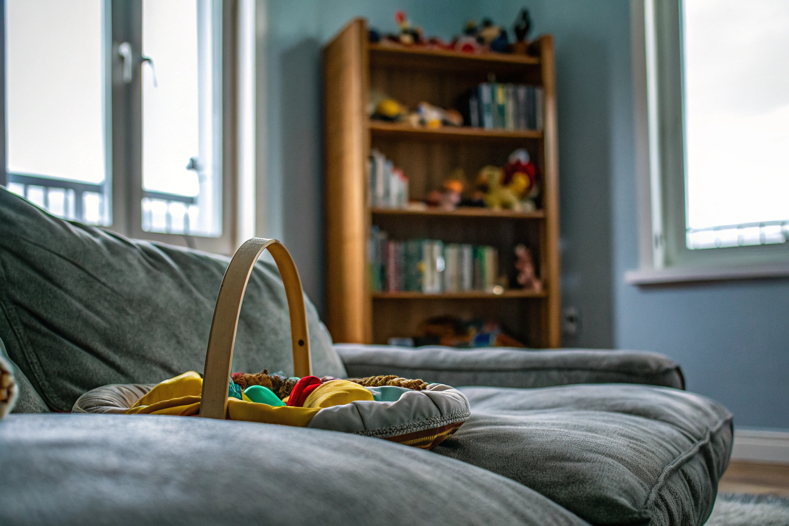 Ein Elternteil spielt mit einem autistischen Kind mit einem sensorischen Spielzeug auf dem Sofa. Elternteil spielt mit autistischem Kind