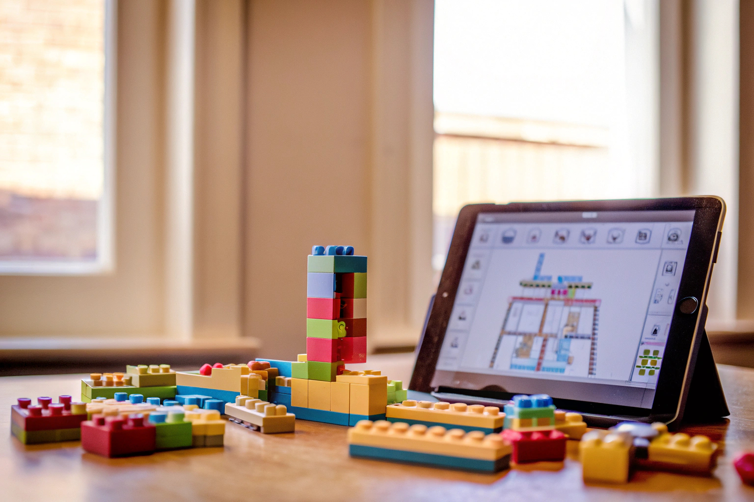 Ein Erwachsener und ein Kind bauen gemeinsam ein LEGO Set und verwenden ein Tablet zur Anleitung. LEGO Bauen mit digitaler Unterstützung