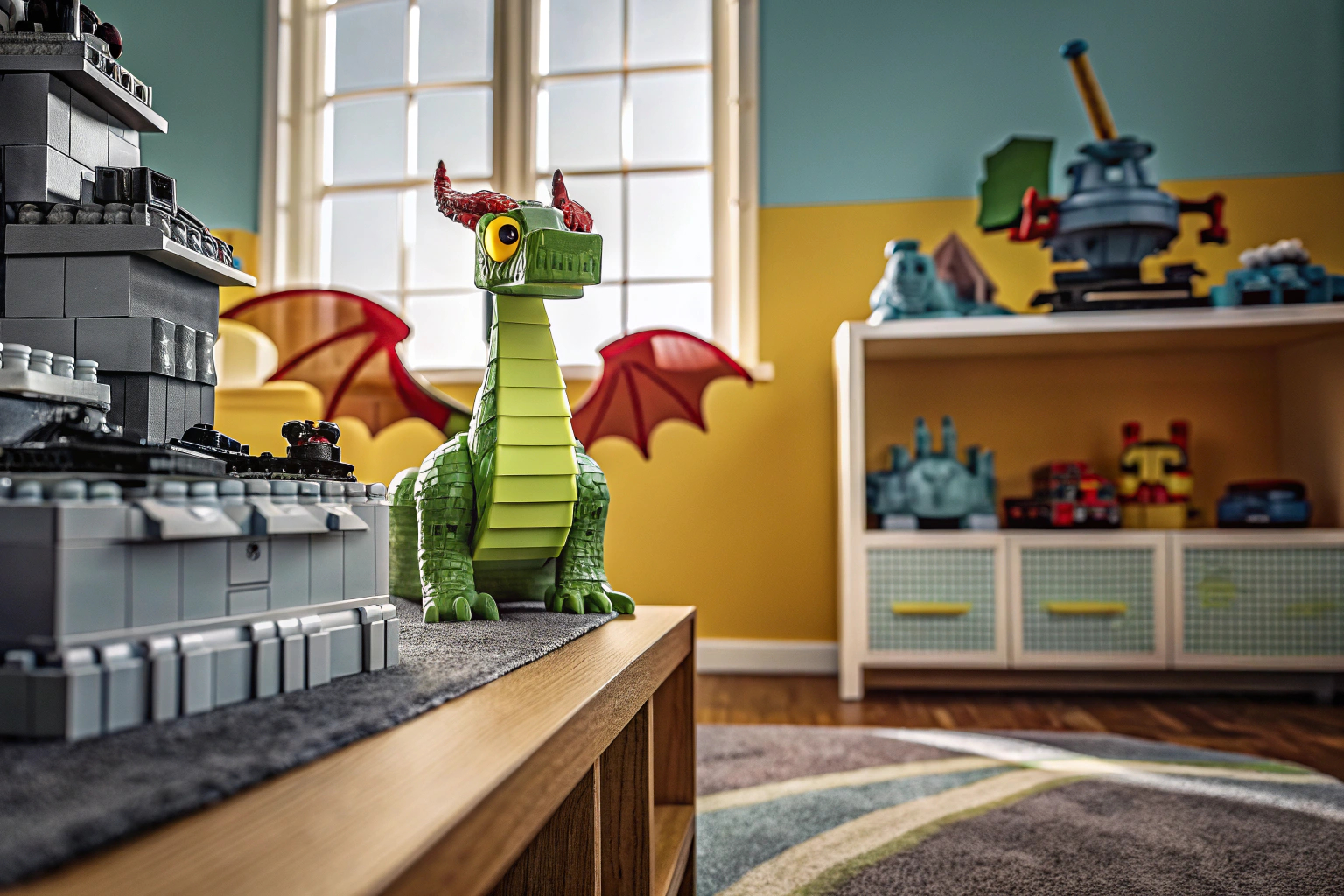 Ein farbenfroher LEGO Drache, der auf einem Regal im Kinderzimmer ausgestellt ist, umgeben von weiteren LEGO Kreationen. LEGO Drache auf Regal