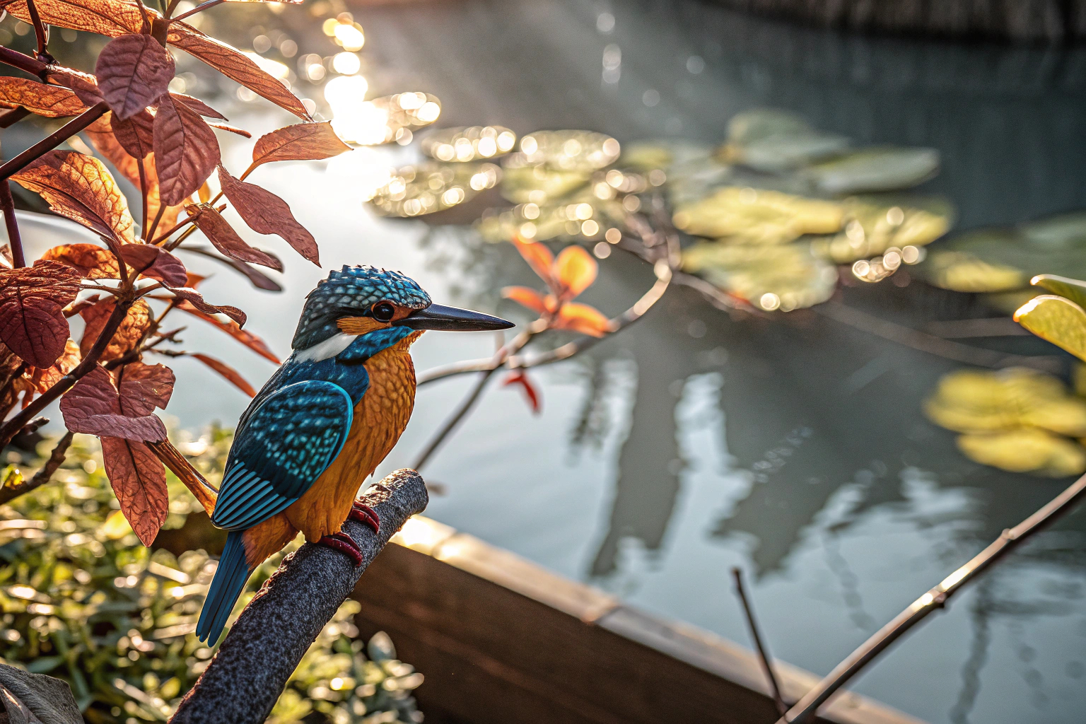 Ein farbenfrohes Bild des LEGO Icons Eisvogels, das den majestätischen Vogel und seine Umgebung zeigt. LEGO Icons Eisvogel