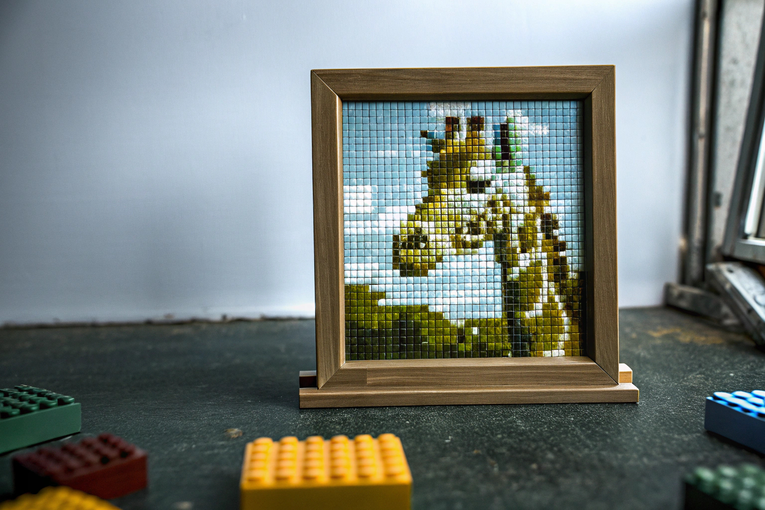 Ein fertiges Fotomosaik aus Klemmbausteinen, zeigt ein personalisiertes Bild in Pixel-Art-Stil. Fotomosaik aus Klemmbausteinen
