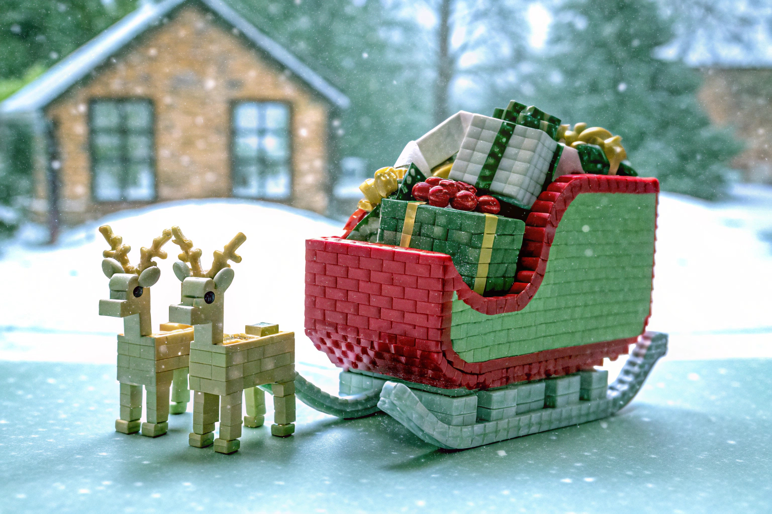 Ein festlicher LEGO Schlitten mit Geschenken und Rentieren LEGO Schlitten des Weihnachtsmanns