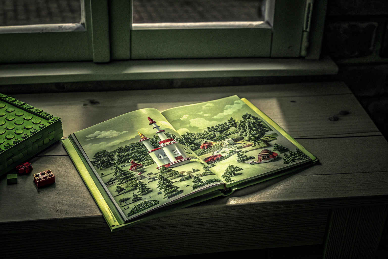 Ein Foto von einem aufgeklappten Buch, das spannende Lego-Bauprojekte zeigt. Buch mit Lego-Bauprojekten