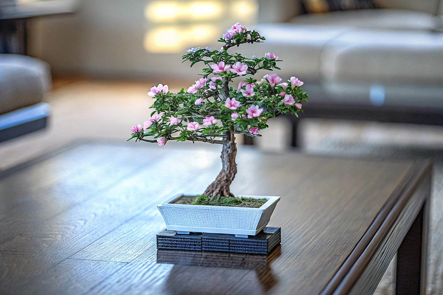 Ein gebautes LEGO Bonsai Baum Set mit rosa Kirschblüten auf einem Schreibtisch. LEGO Bonsai Baum Set