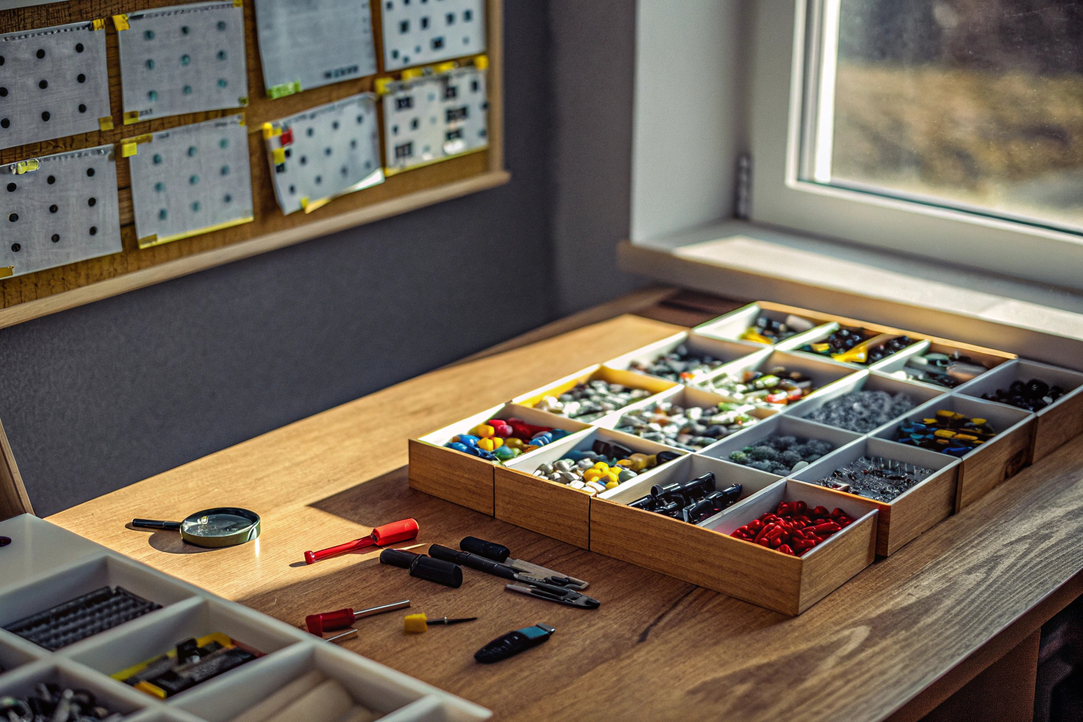 Ein gut organisierter LEGO-Arbeitsplatz mit verschiedenen Sortimentskästen und Werkzeugen. Organisierter LEGO-Arbeitsplatz