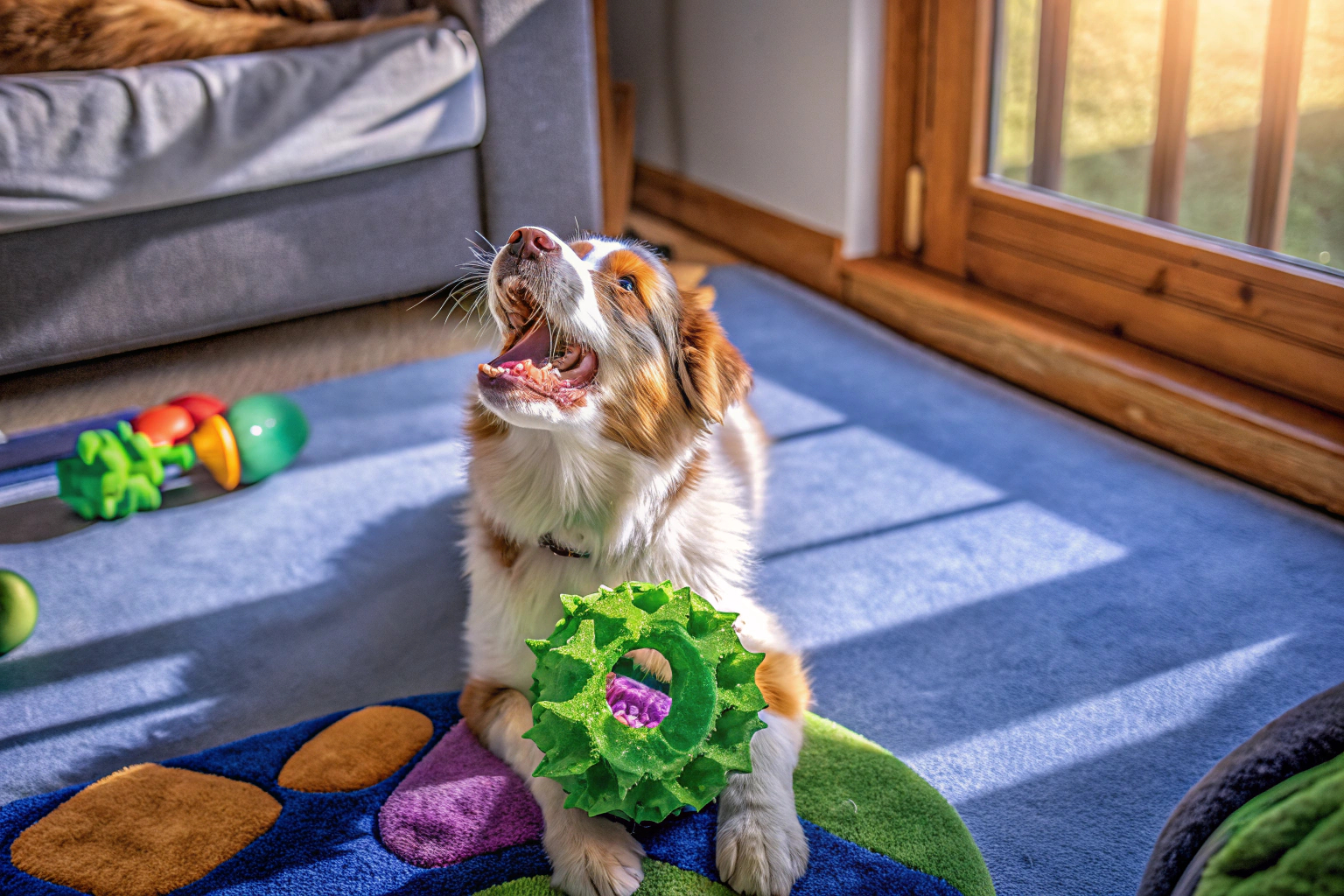 Ein Hund, der mit einem interaktiven Spielzeug spielt, das sowohl quietscht als auch raschelt. Hund spielt mit interaktivem Spielzeug