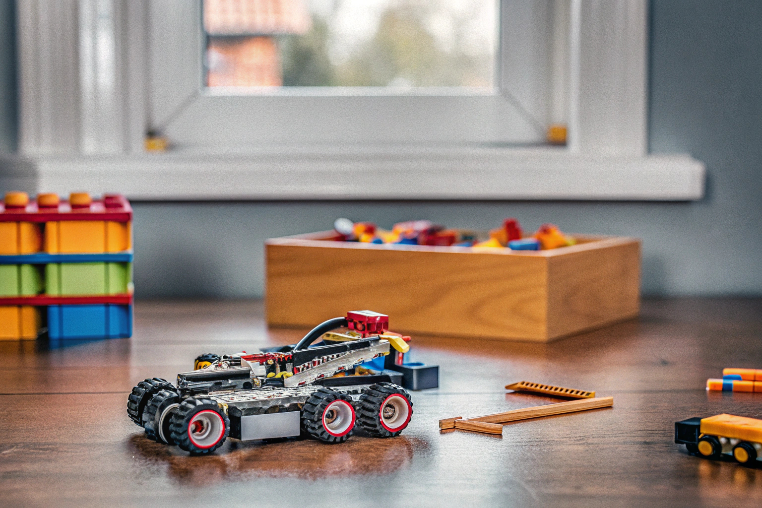 Ein Junge präsentiert stolz sein fertiggestelltes LEGO Technic Modell. Stolzer Junge mit LEGO Technic Modell