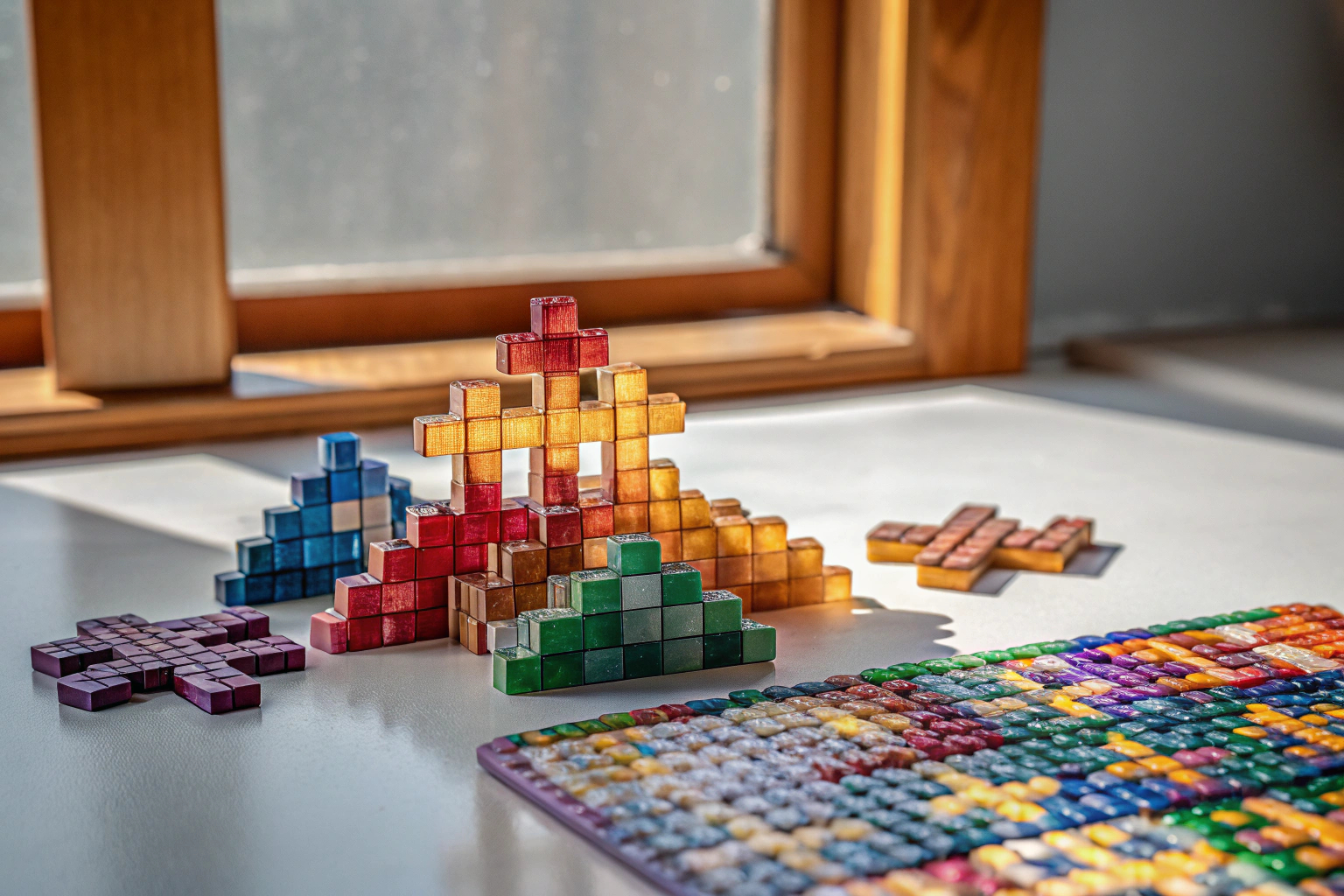 Ein Kind baut ein buntes Mosaik mit Plus-Plus Bausteinen Plus-Plus Bausteine Mosaik